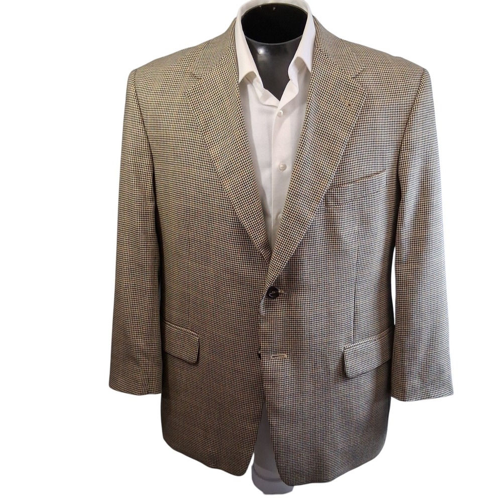 Evan Picone Mens Blazer 43R Brown Houndstooth Silk Wool Sport Coat